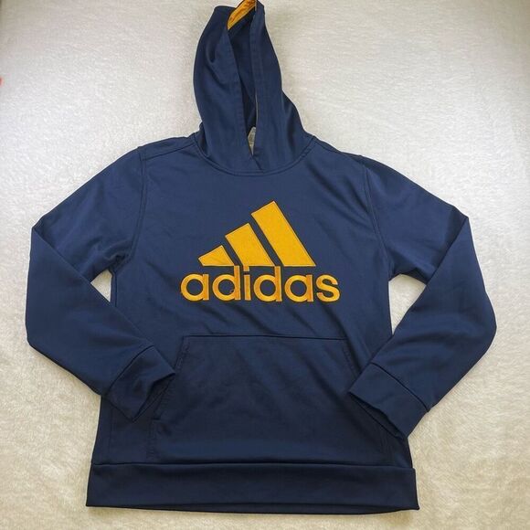Large Kids Adidas Pullover Hoodie Navy Blue with Gold Stitched Lettering and Log - Picture 1 of 12